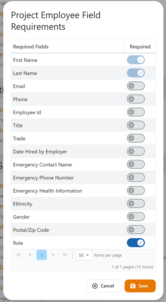 Project Employee Field Requirements