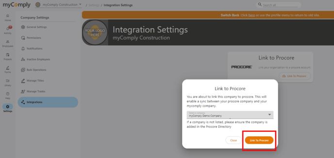 mycomply procore - settings - integrations - link to procore - complete link