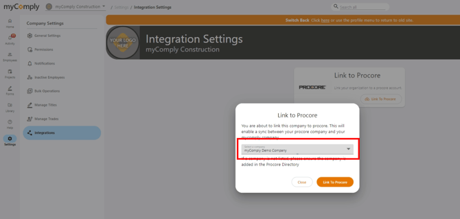 mycomply procore - settings - integrations - link to procore 2