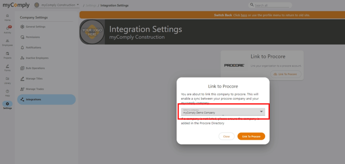 mycomply procore - settings - integrations - link to procore 2