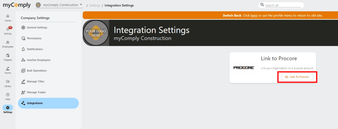 mycomply procore - settings - integrations - link to procore