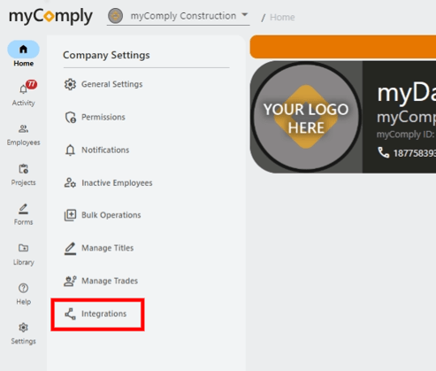 mycomply procore - settings - integrations